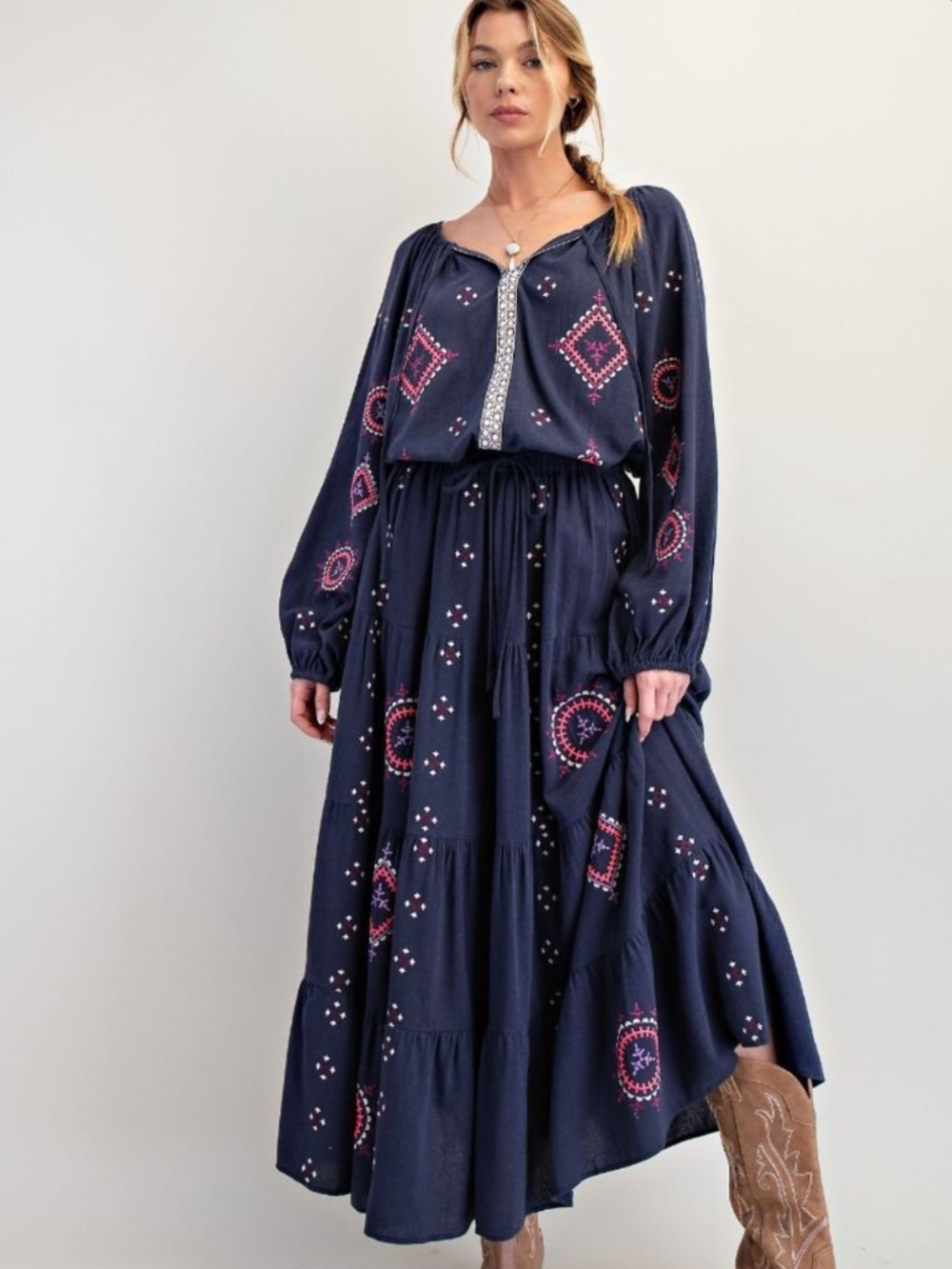 EASEL -EMBROIDERY COTTON LINEN MAXI SKIRT & TOP SET